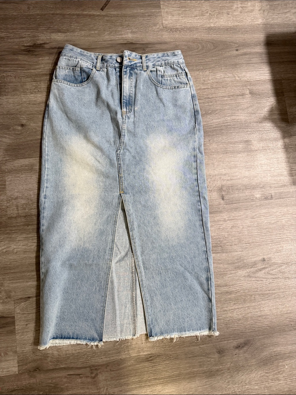 Light Wash Denim Midi Skirt with Front Slit